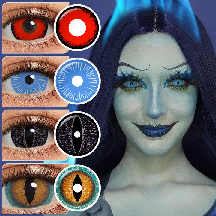 Cosplayer showcasing 17mm B series sclera costume contacts in 9 variants