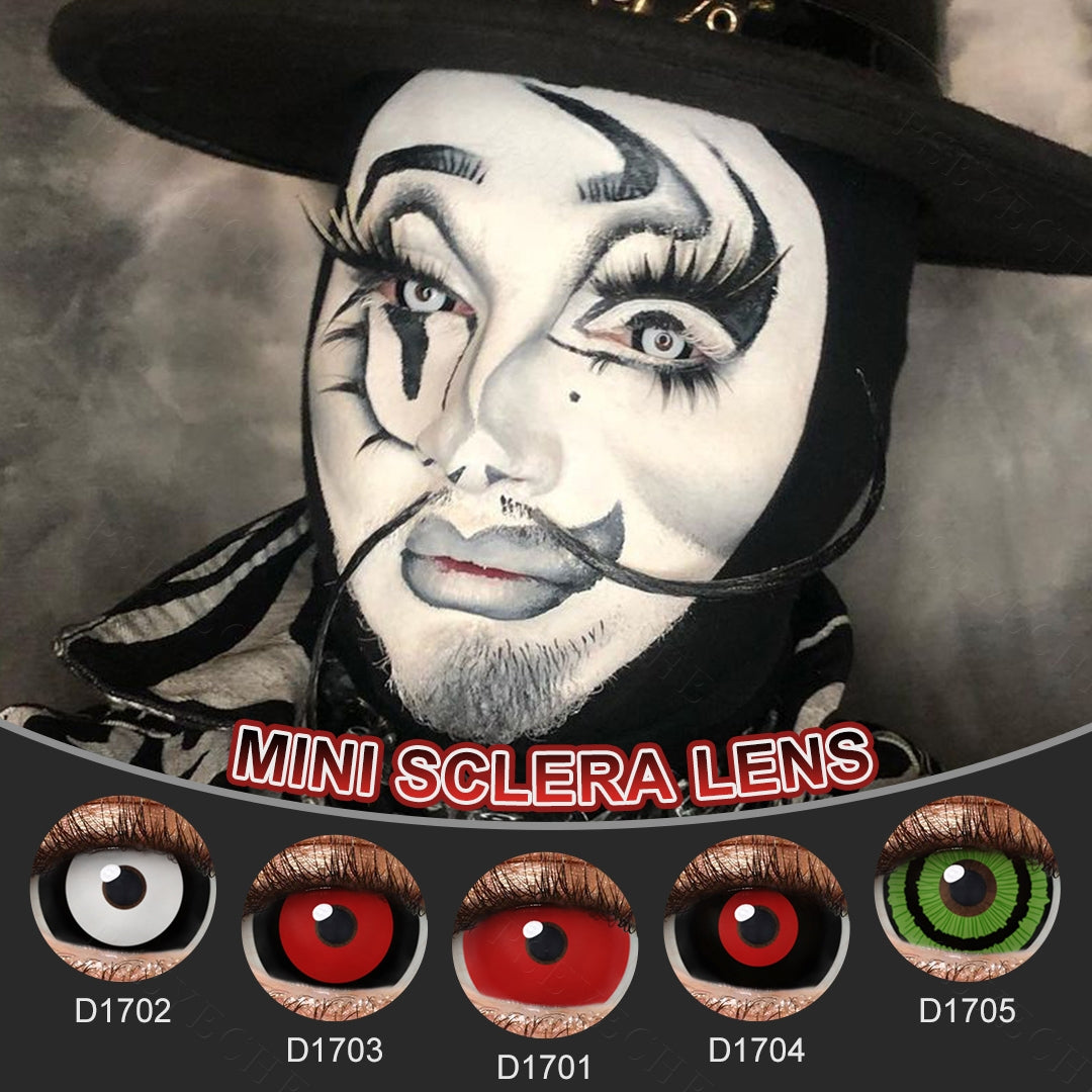 Young man wearing 17mm black mini sclera contact lenses with close-up color insets
