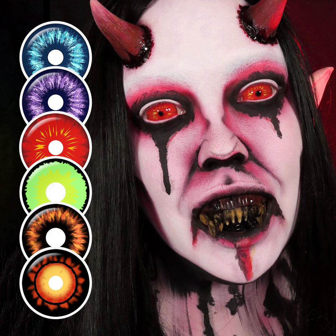 22mm Classic Sclera Costume Contacts showing 6 color variants on model with eye closeups