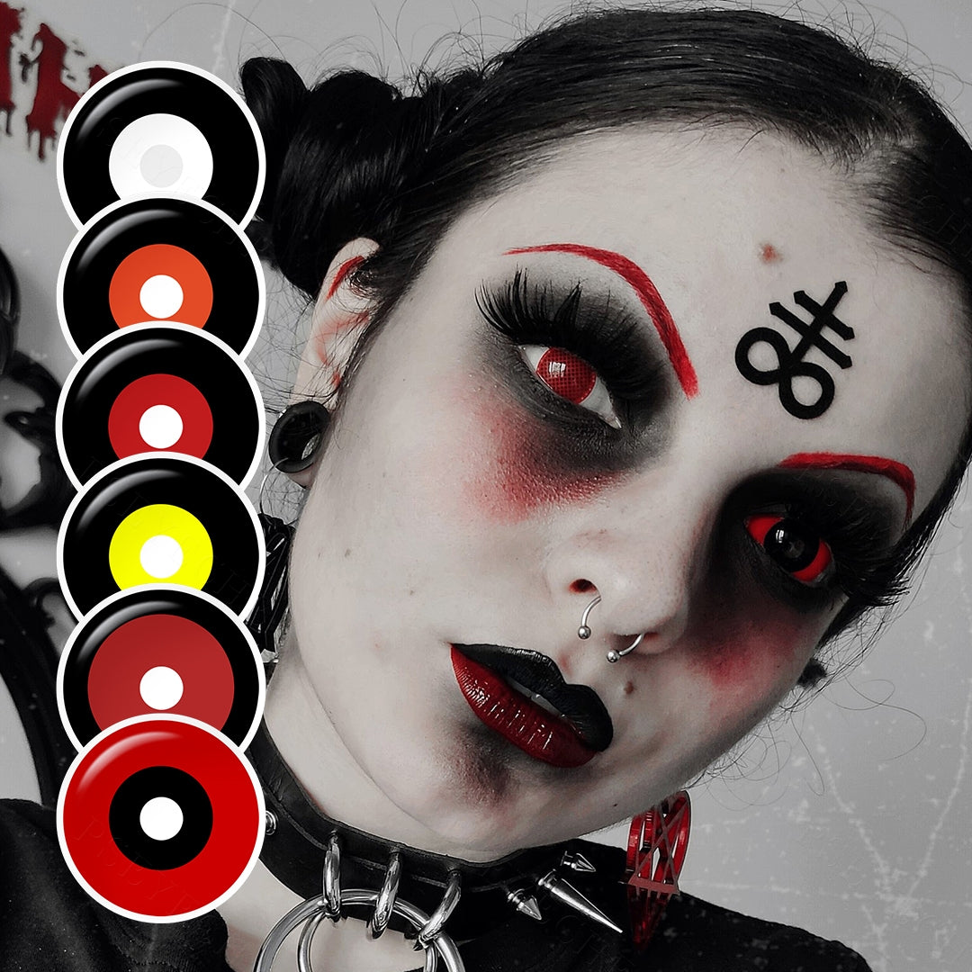 Serial Killer 22mm Sclera Costume Contacts on model showing dramatic red and black eye transformation