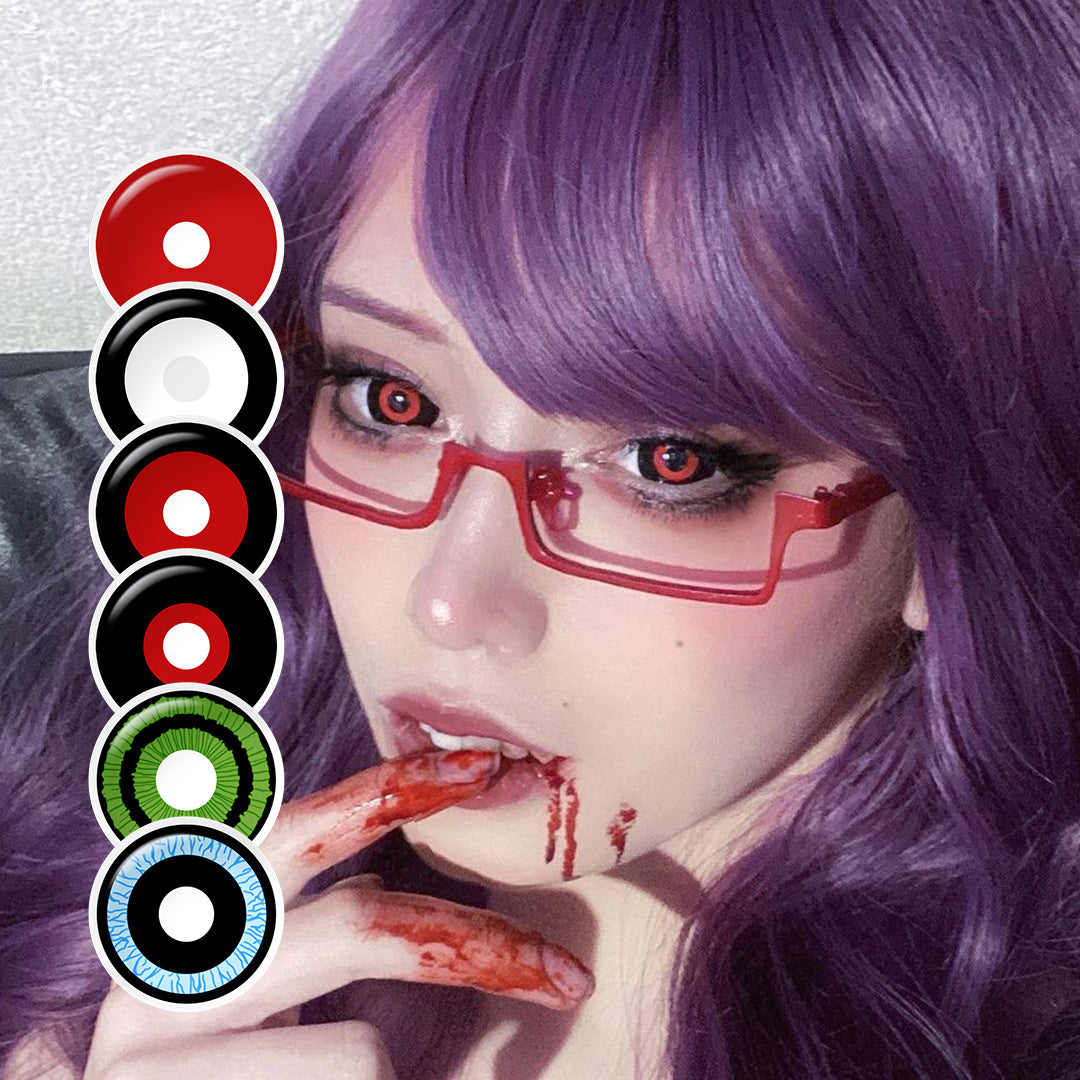 Cosplayer wearing 17mm mini sclera costume contacts with eye color close-ups
